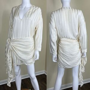 Michelle Mason Womens Size 4 Ivory Crepe Silk Satin Stripe Mini Wrap Shirt Dress